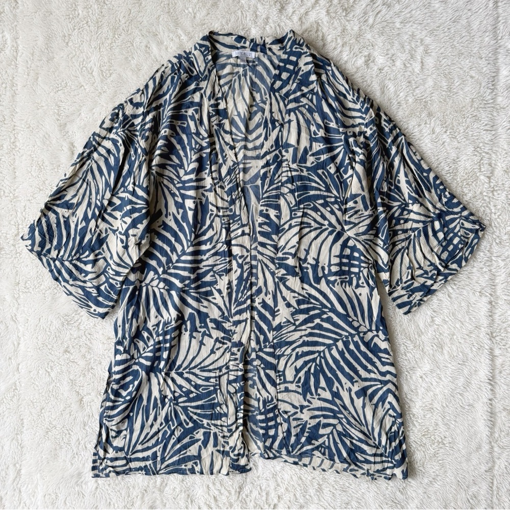Patrons of Peace Woman Blue Leaf Print Open Front Relax Kimono Cardigan LARGE